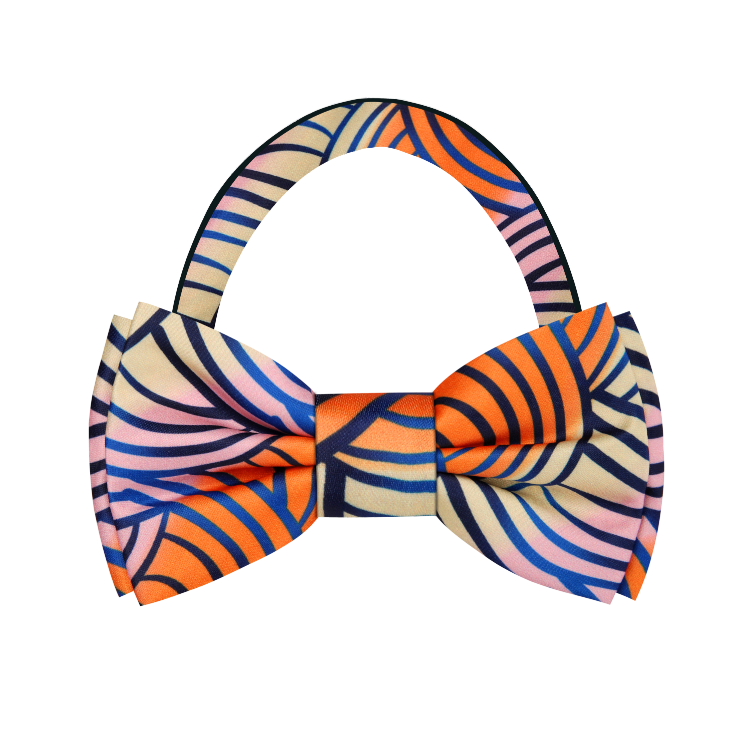 An Orange, Blue, Pink, Light Butter Colored Abstract Pattern Silk Bow Tie Pre Tied