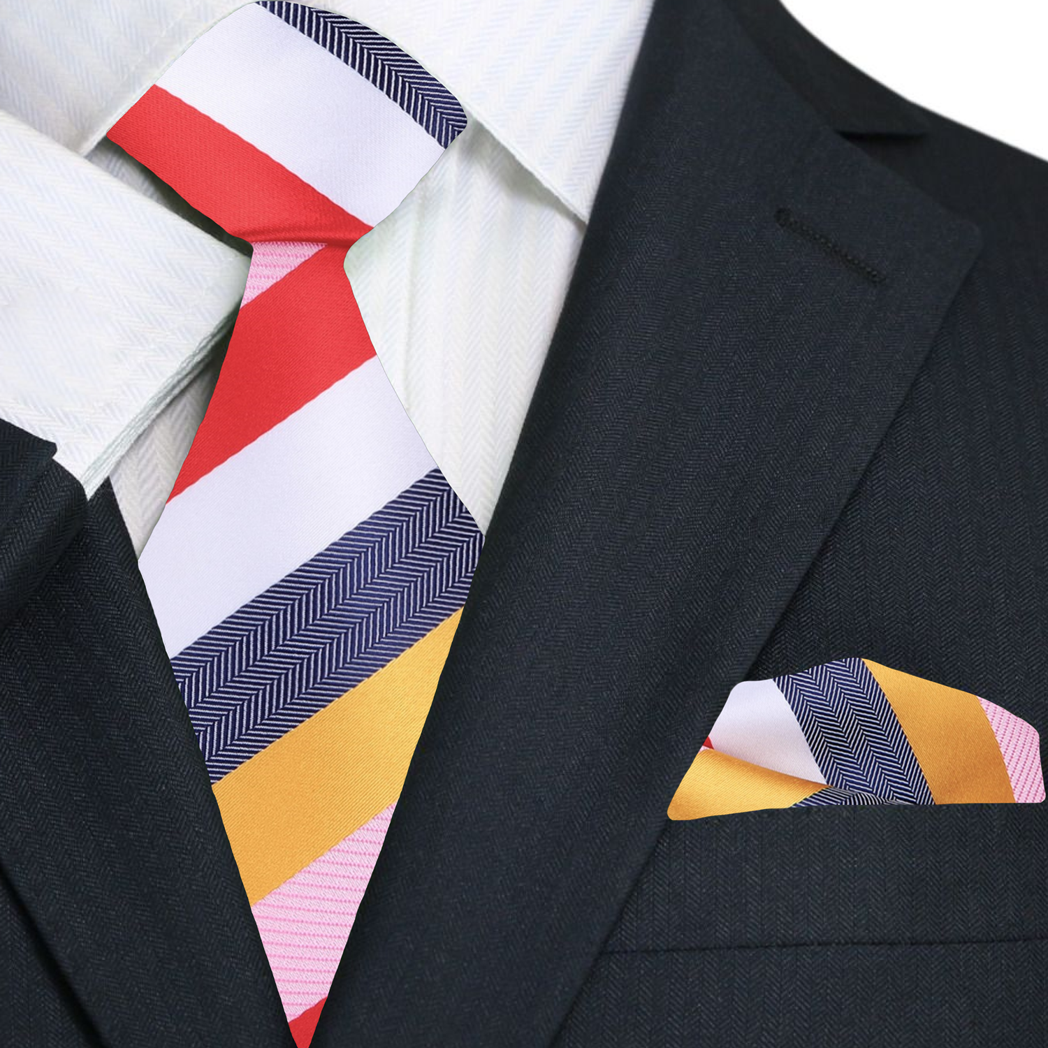 Main: Yellow, White, Pink, Red Stripe Tie and Pocket Square||Red, White, Yellow, Pink