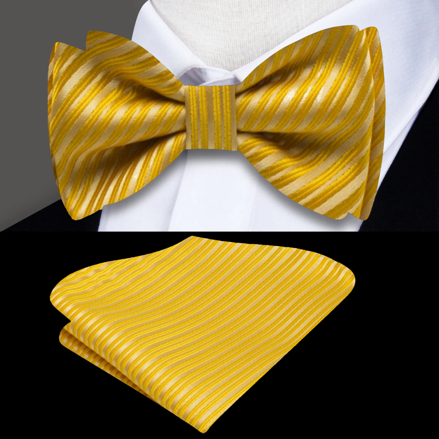 Main: Yellow Pinstripe Bow Tie and Pocket Square
