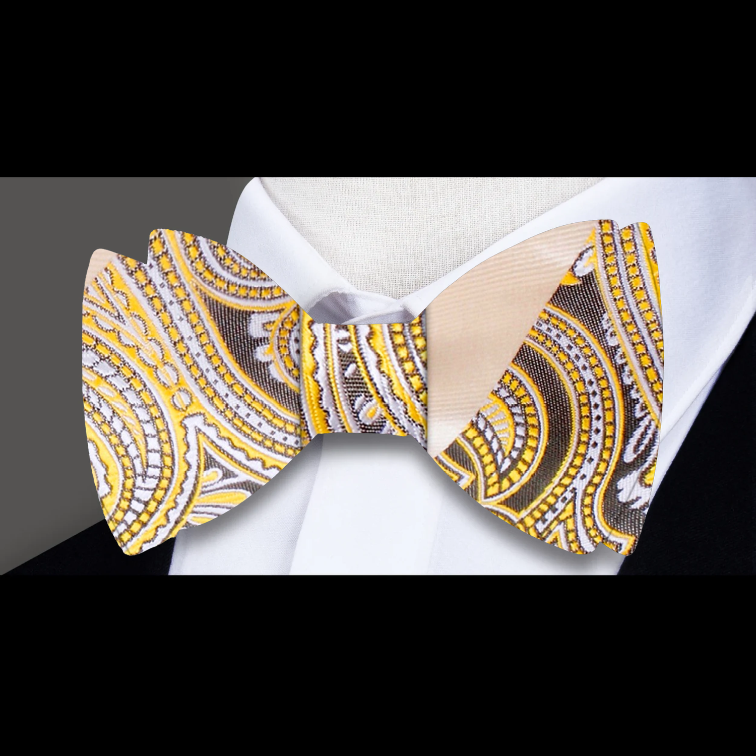 A Light Yellow, Shortbread Paisley and Stripe Pattern Silk Self Bow Tie