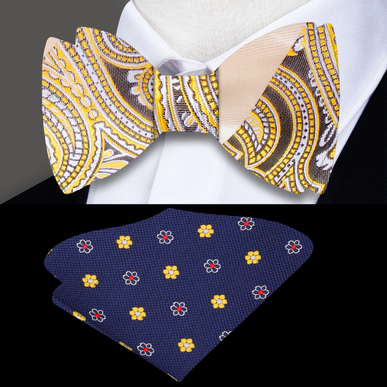 A Light Yellow, Shortbread Paisley and Stripe Pattern Silk Self Bow Tie, Accenting Pocket Square