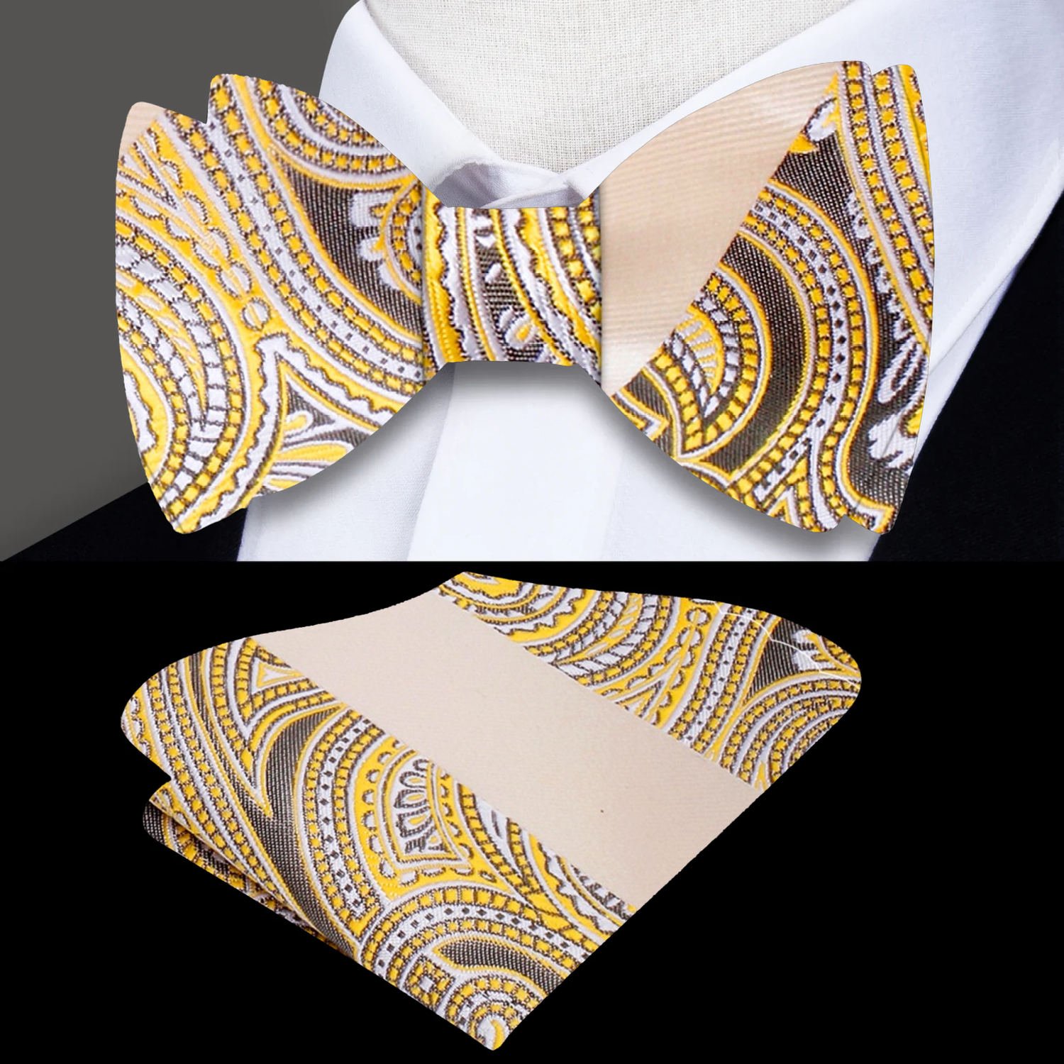 A Light Yellow, Shortbread Paisley and Stripe Pattern Silk Self Bow Tie, Matching Pocket Square
