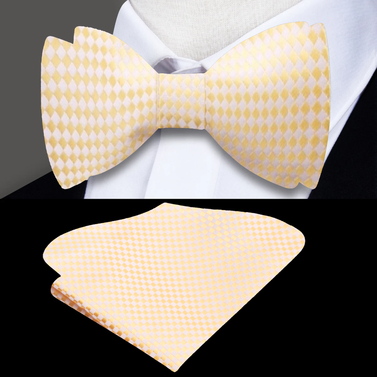 Pale Gold Geometric Bow Tie and Pocket Square