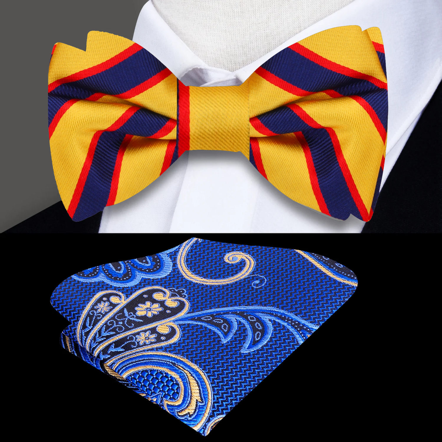 Yellow, Blue, Red Stripe Bow Tie and Accenting Blue paisley Pocket Square