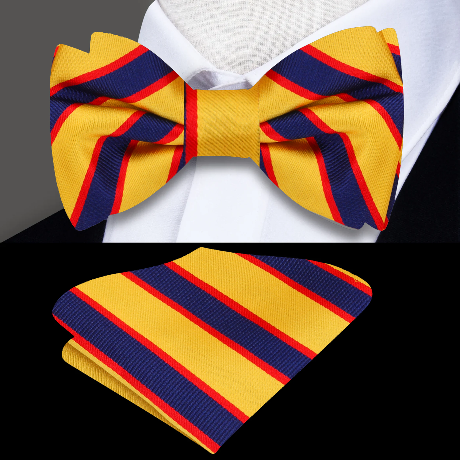 Yellow, Blue, Red Stripe Bow Tie and Pocket Square