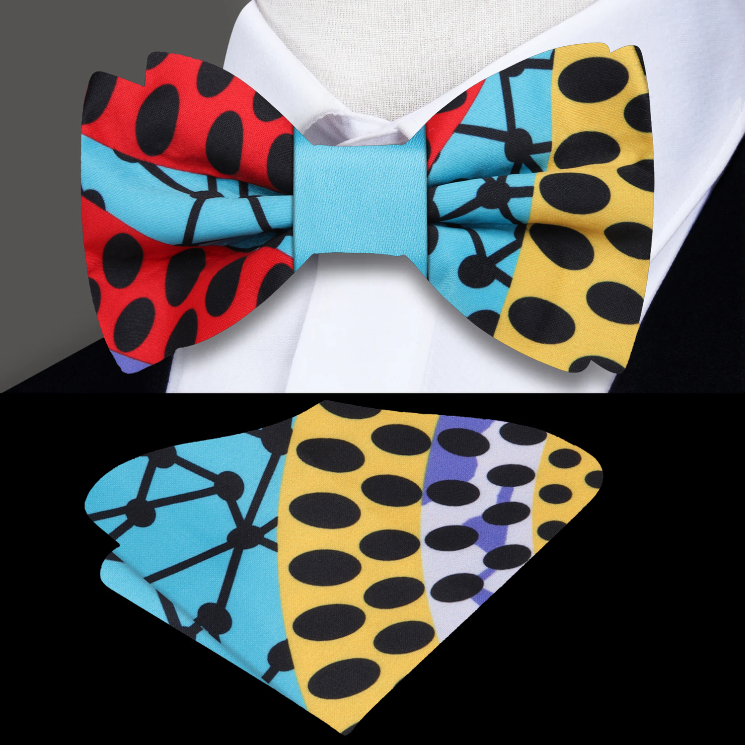 Red, Light Blue, Yellow, Black Abstract Bow Tie and Pocket Square||Red, Yellow, Black