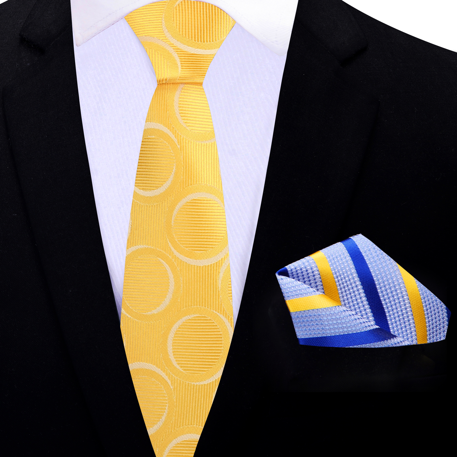 Thin Tie: Yellow and White Rings Necktie with Light Blue, Blue, Yellow Stripe Square