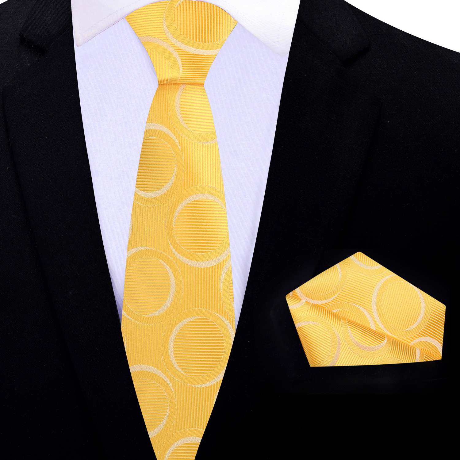 Thin Tie: Yellow and White Rings Necktie with Matching Square