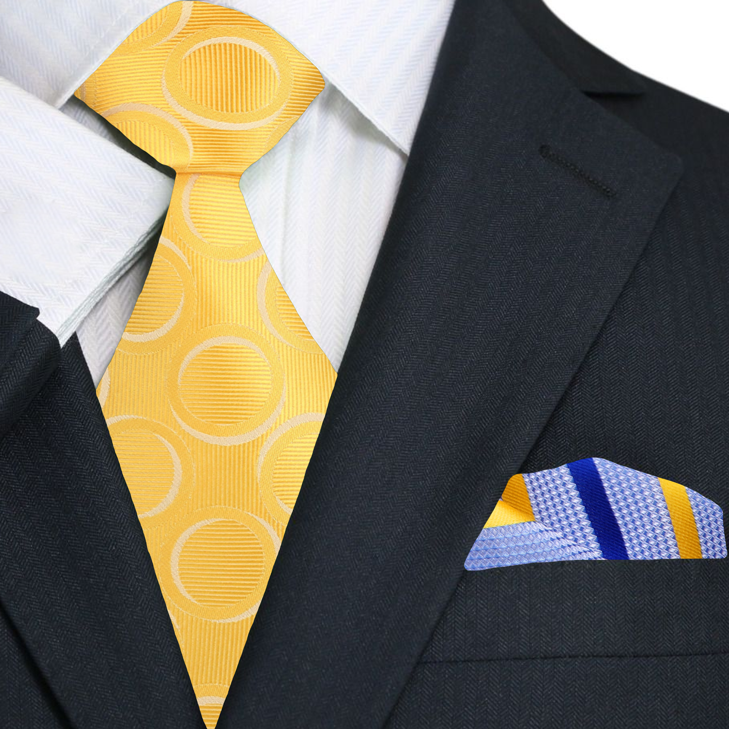 Premium Yellow and White Rings Necktie with Light Blue, Blue, Yellow Stripe Square