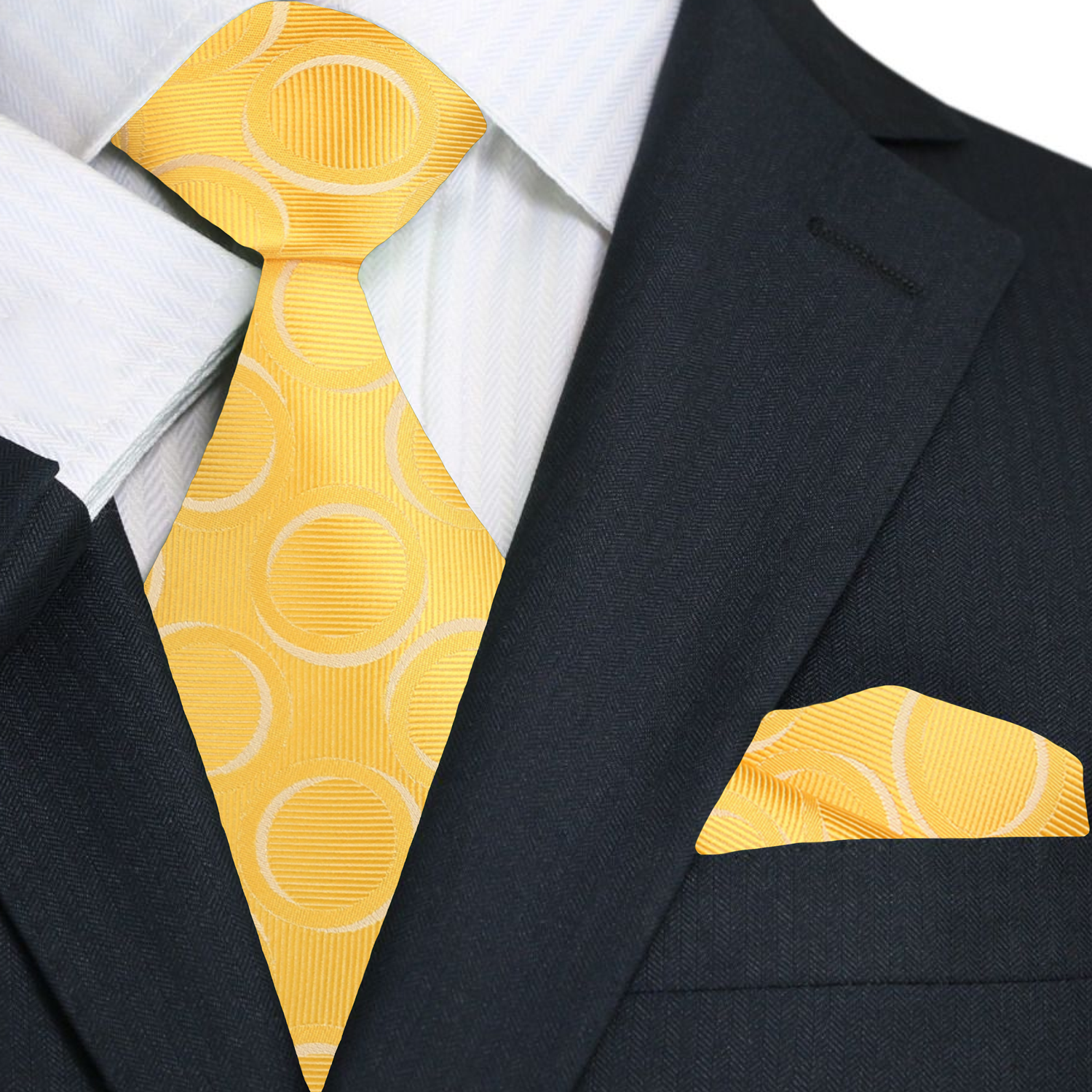 Yellow and White Rings Necktie with Square