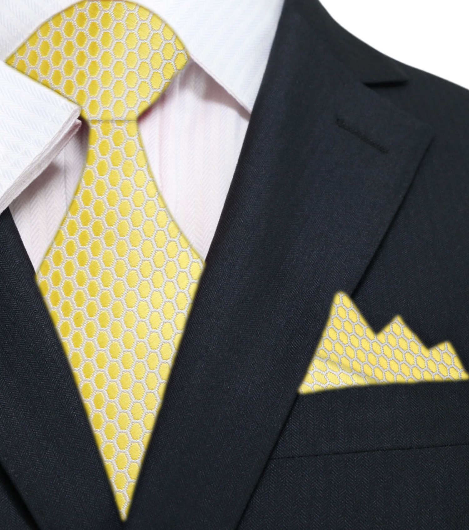 Main: A Yellow, White Geometric Oval Shaped Pattern Silk Necktie, Matching Pocket Square|