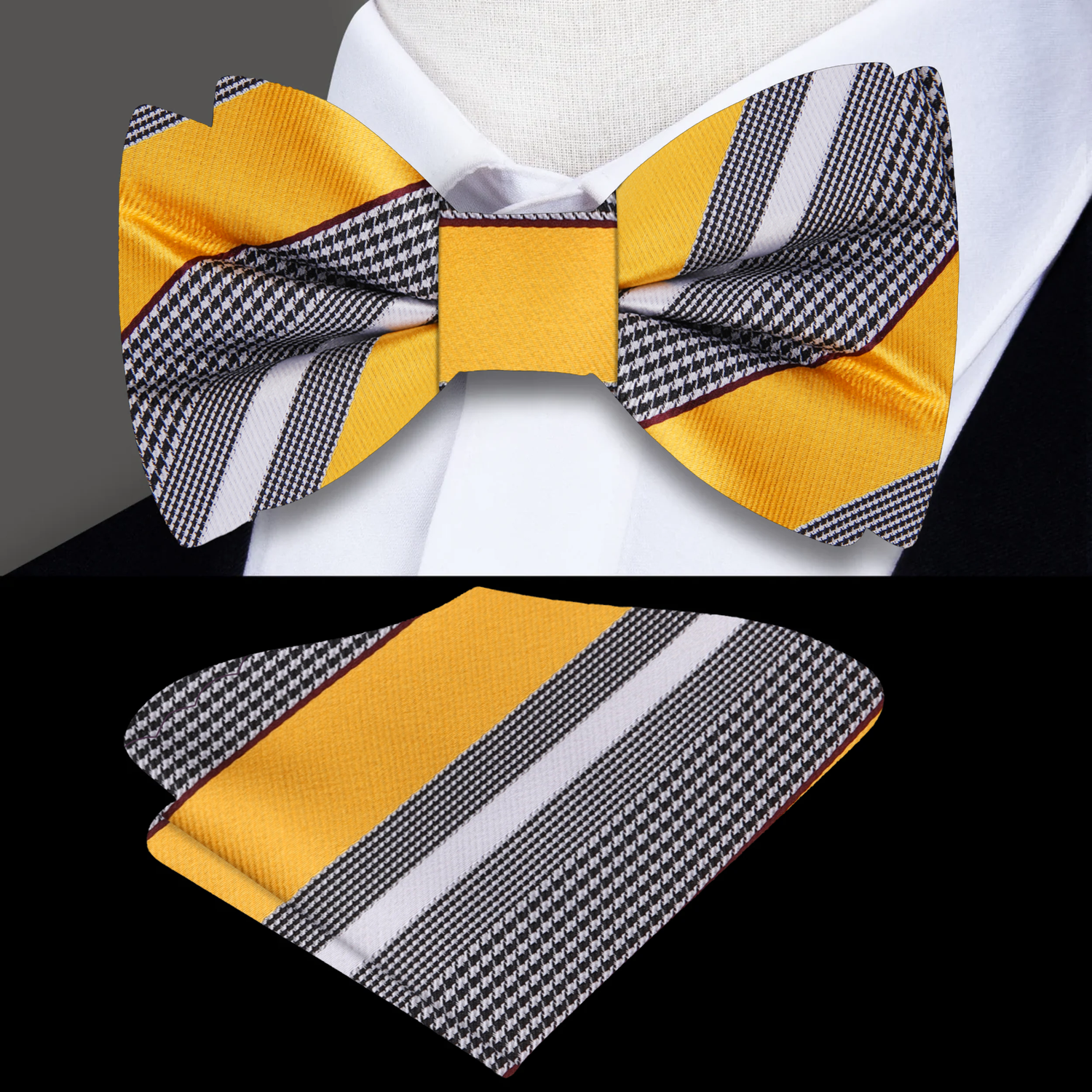 Yellow, Grey, White Stripe Bow Tie and Pocket Square||Yellow