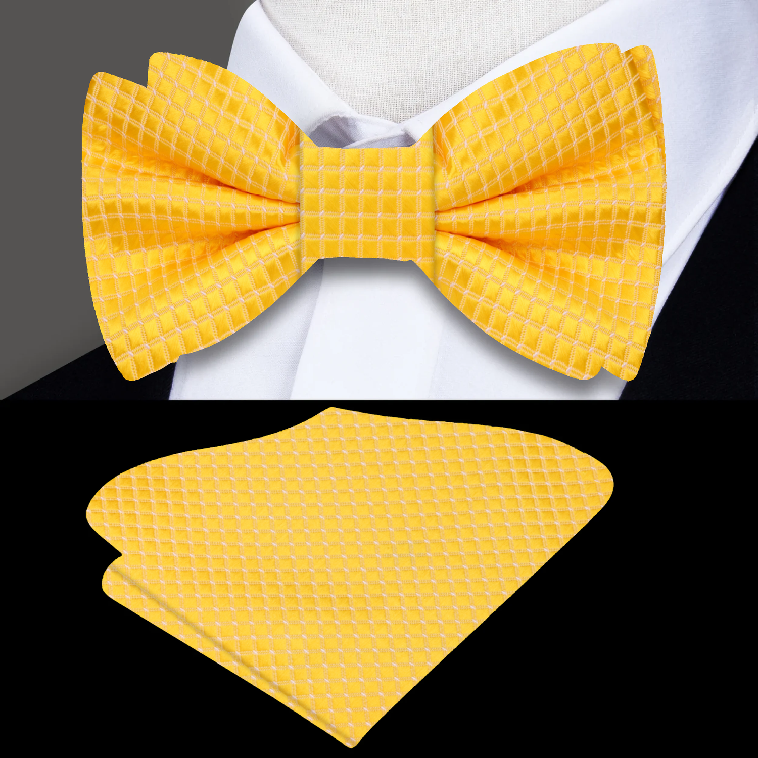 Yellow White Check Bow Tie and Pocket Square
