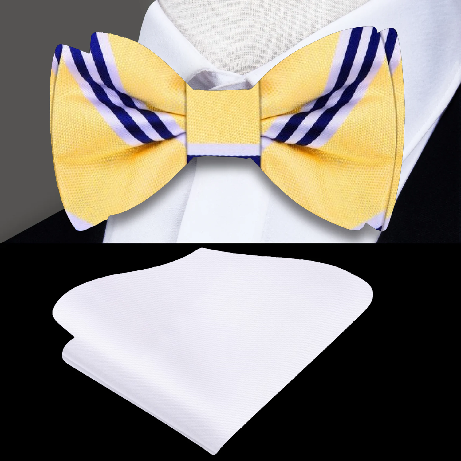 Yellow and Blue Stripe Bow Tie and Pocket Square