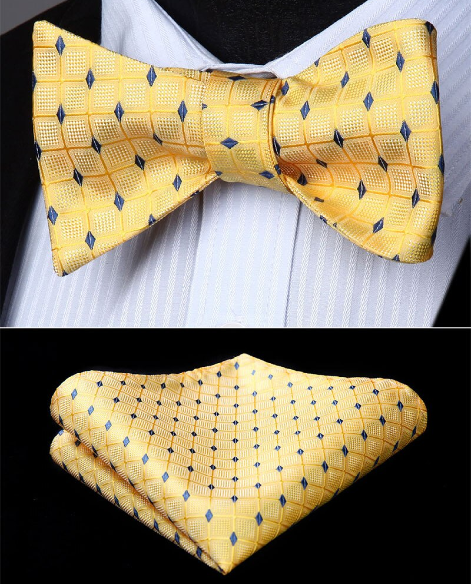A Yellow, Blue Geometric Check Pattern Silk Pre Tied Bow Tie, Matching Pocket Square