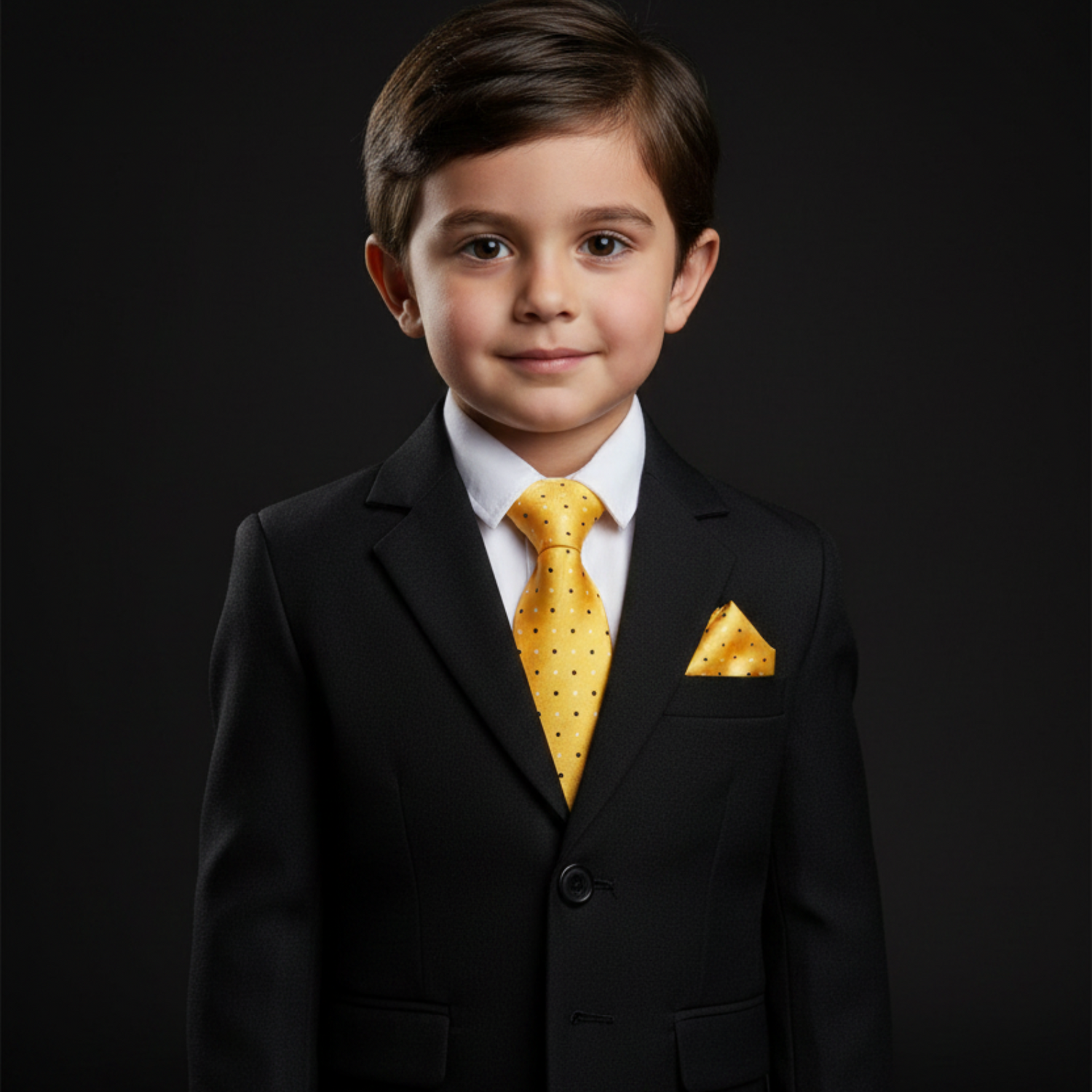 Young boy in a black suit with a yellow tie and pocket square on a dark background