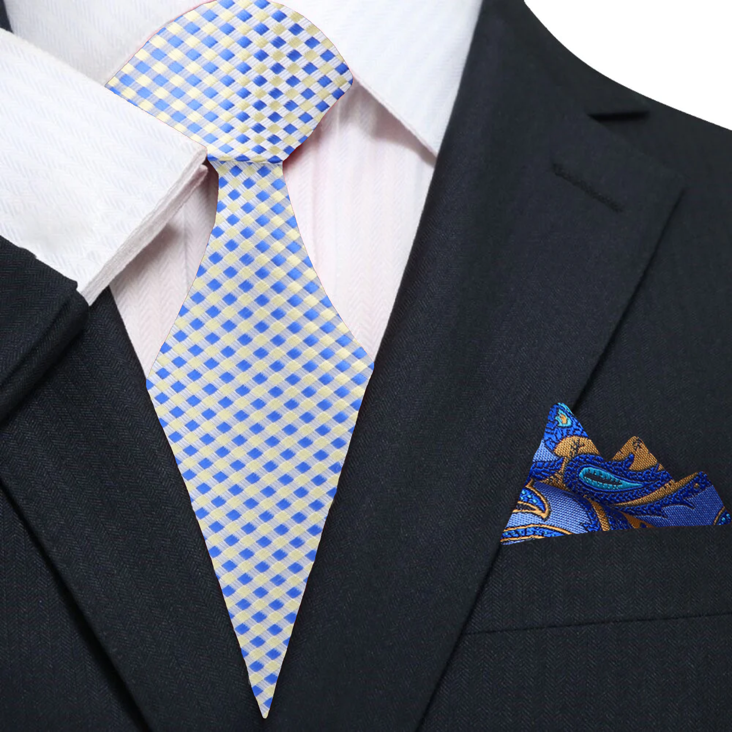 Yellow Blue Check Necktie and Accenting Blue Square