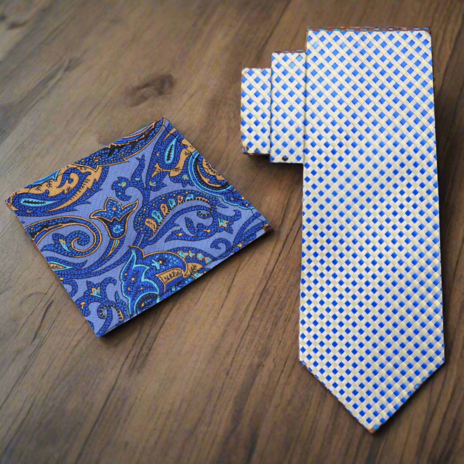 Alt: Yellow Blue Check Necktie and Accenting Blue Square