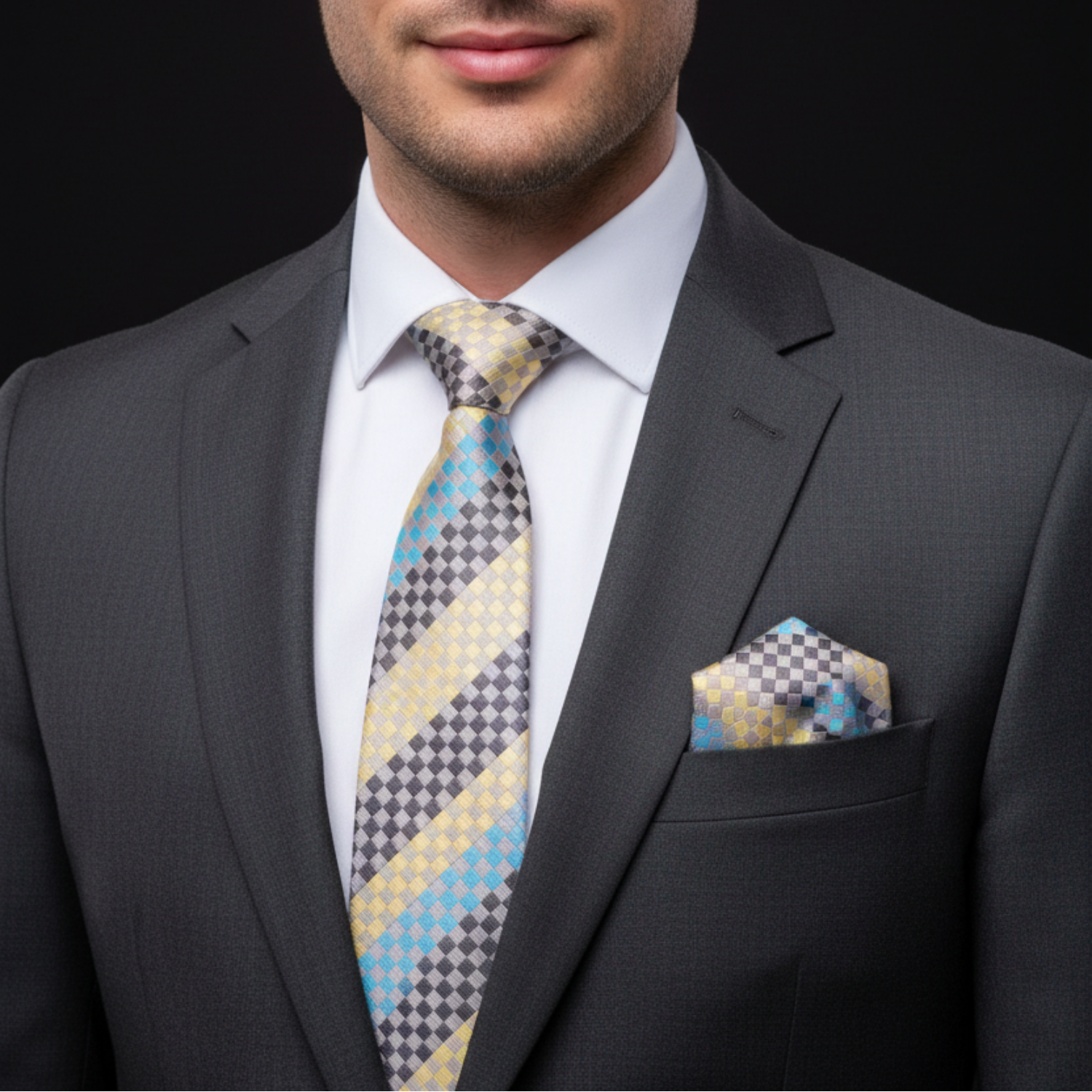 Grey, Yellow & Blue Check Necktie | Clean Geometric Style