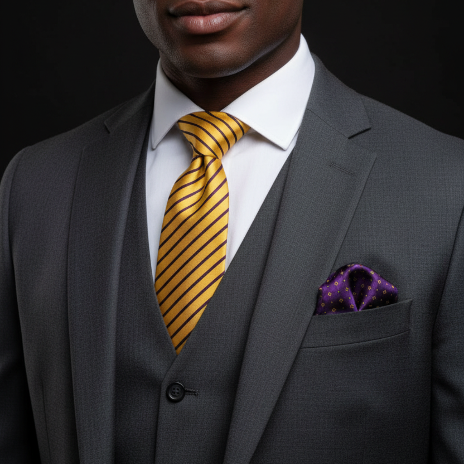 Man wearing a gray suit with a yellow striped tie and purple pocket square on a black background