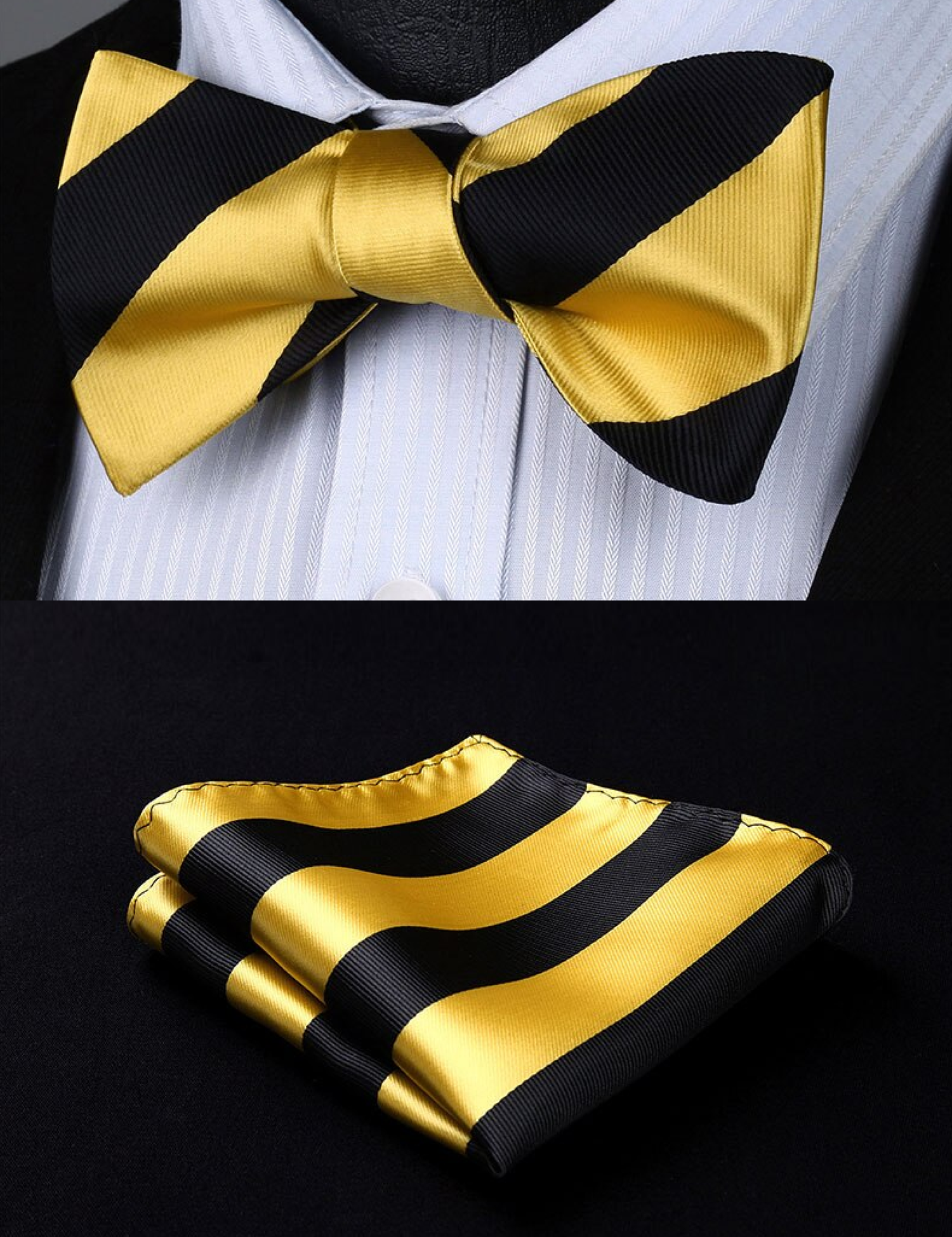 Yellow and Black Block Stripe Bow Tie and Square