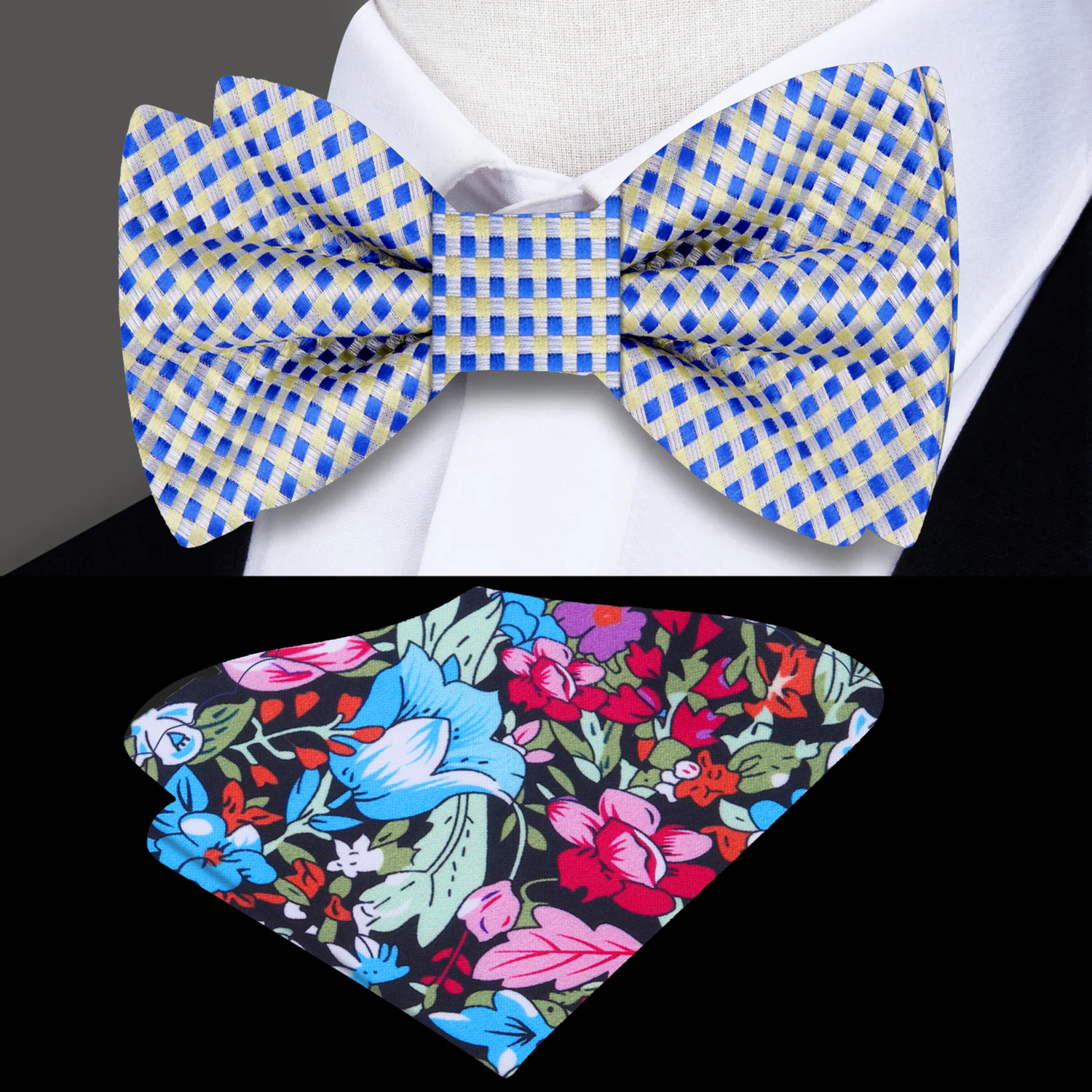 Yellow and Blue Small Checks Bow Tie and Accenting Pocket Square