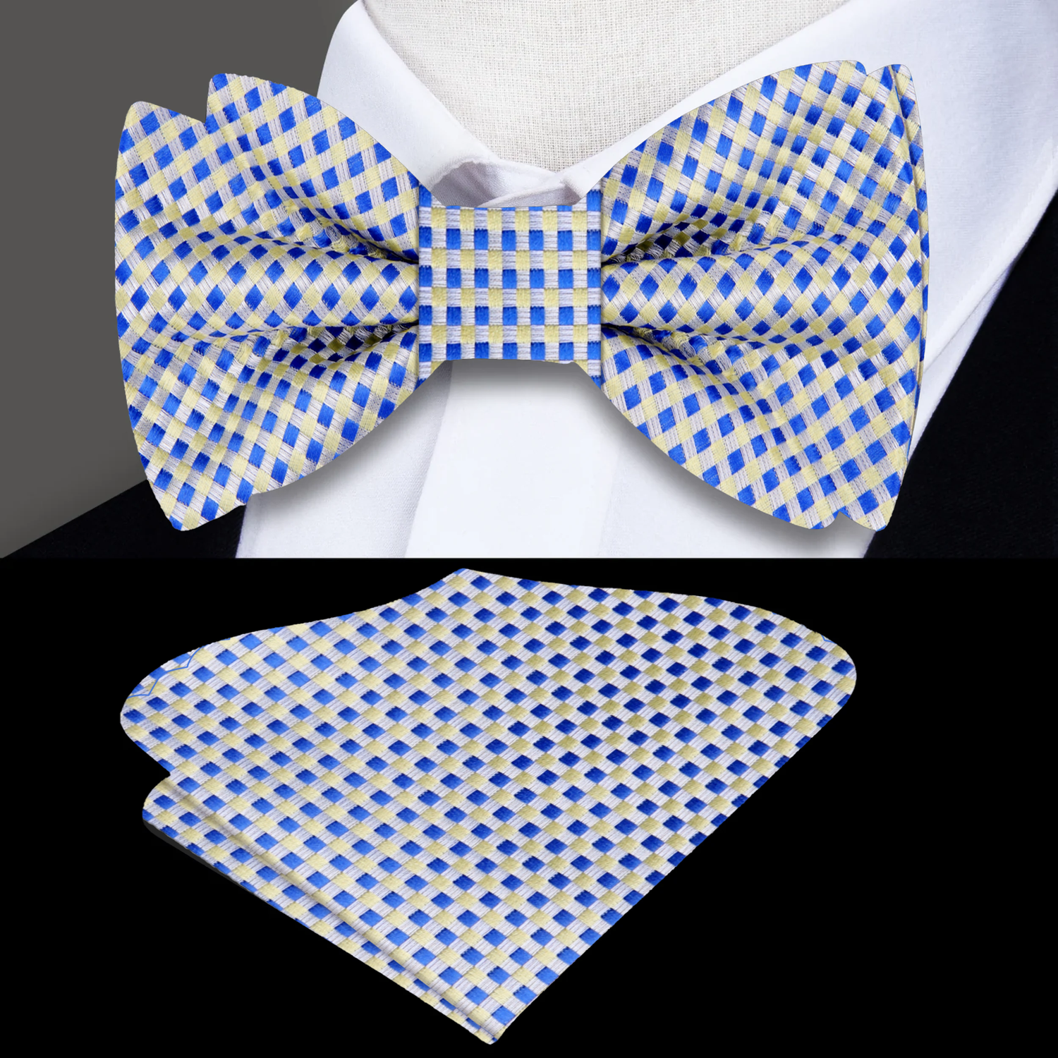 Yellow and Blue Small Checks Bow Tie and Pocket Square