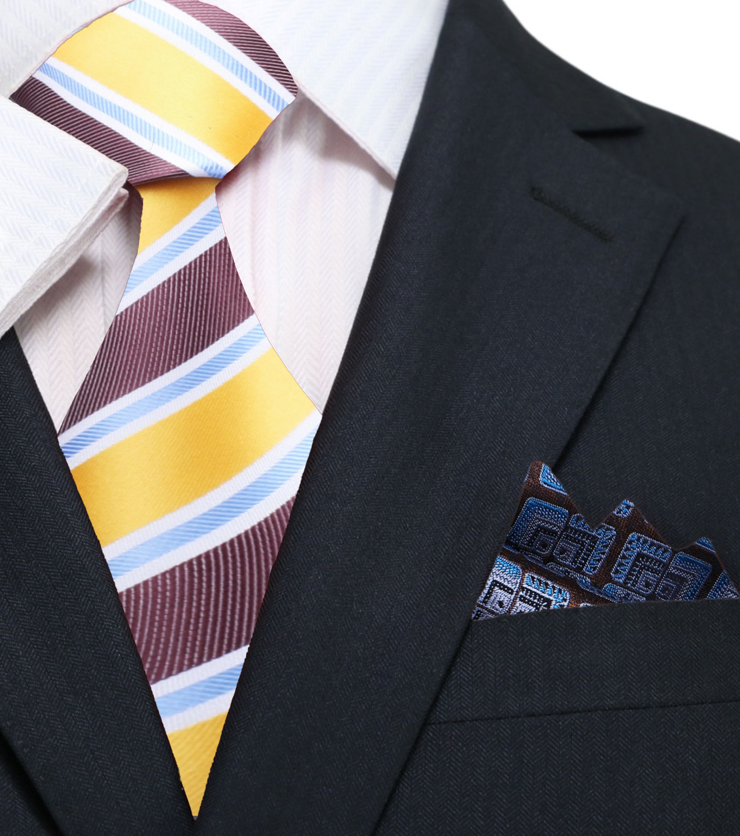 Yellow, Brown, Light Blue Stripe Tie and Accenting Pocket Square
