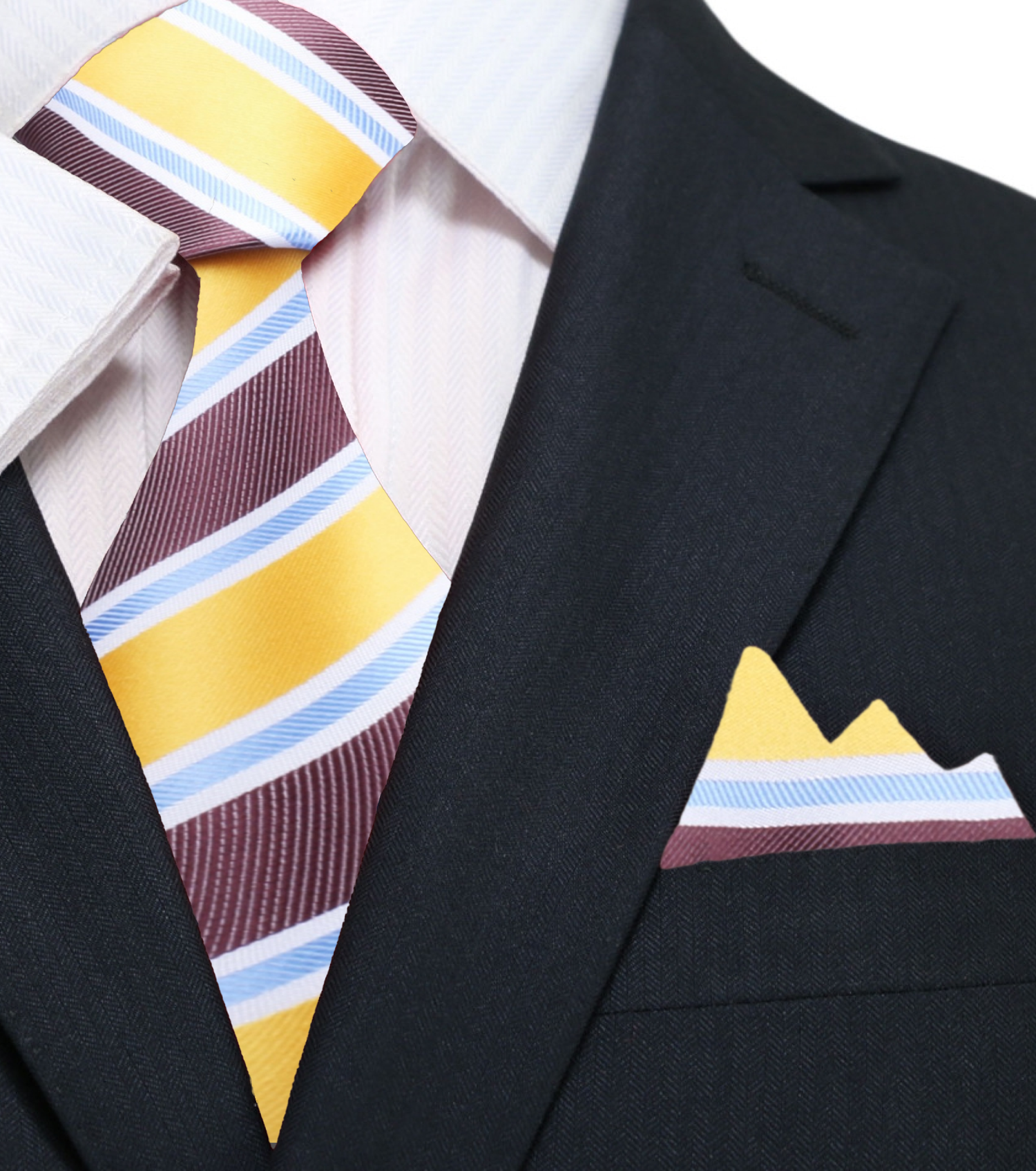 Yellow, Brown, Light Blue Stripe Tie and Pocket Square