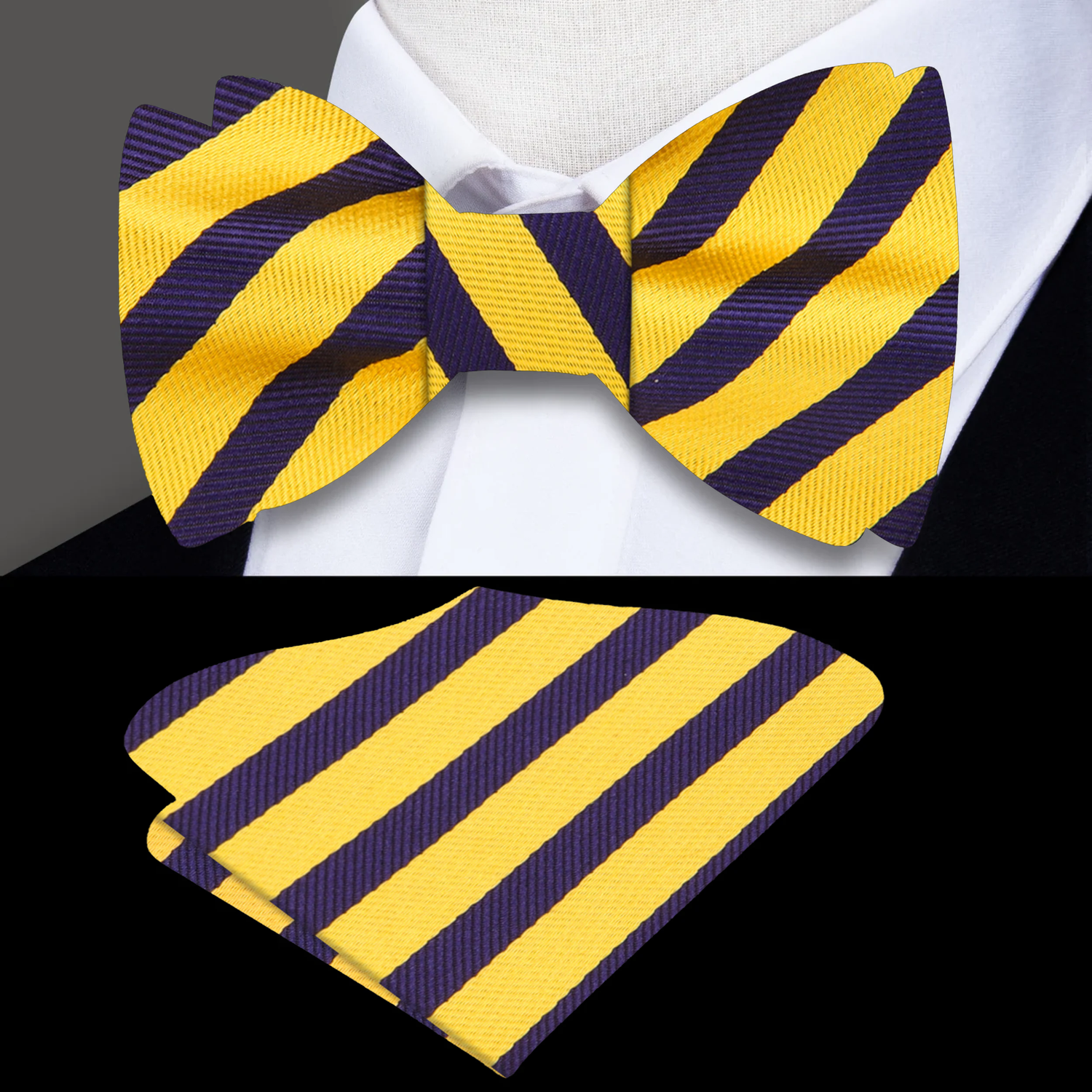 Main View: A Yellow And Dark Blue Striped Pattern Silk Self Tie Bow Tie With Matching Pocket Square||Golden Yellow, Blackish Blue