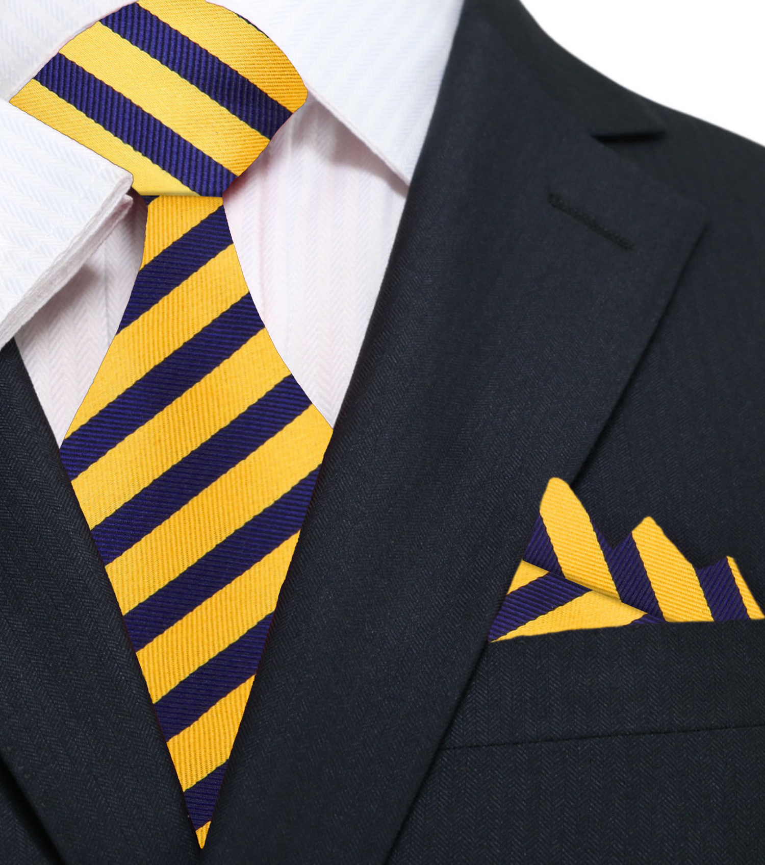 Yellow and Deep Blue Stripe Tie and Pocket Square