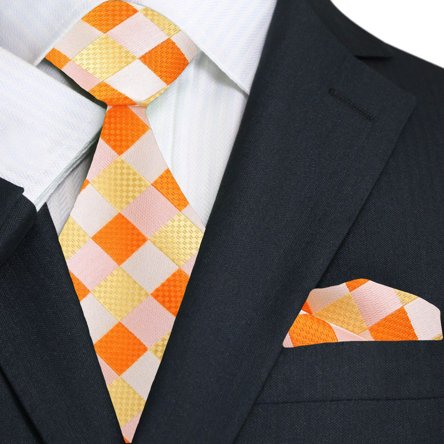 Primary A Light Orange, Orange Check Pattern Silk Necktie, Matching Pocket Square