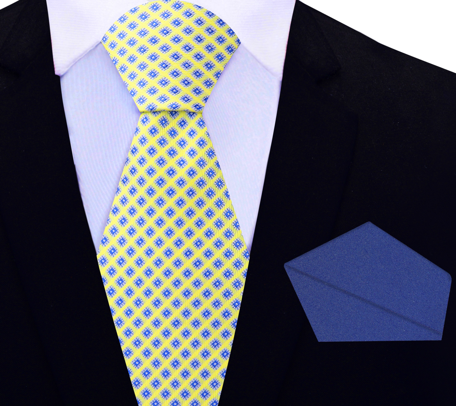 Yellow, Blue Diamonds Necktie and Blue Square