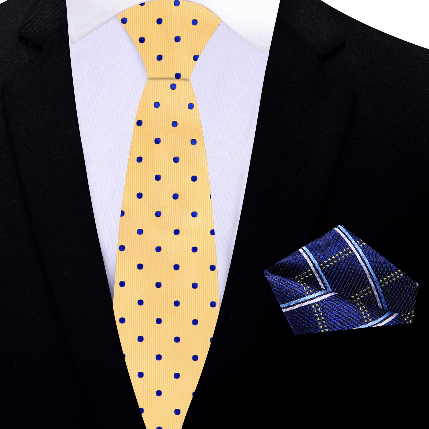 Thin Tie: Yellow with Blue Dots Necktie and Blue, White, Yellow Plaid Square