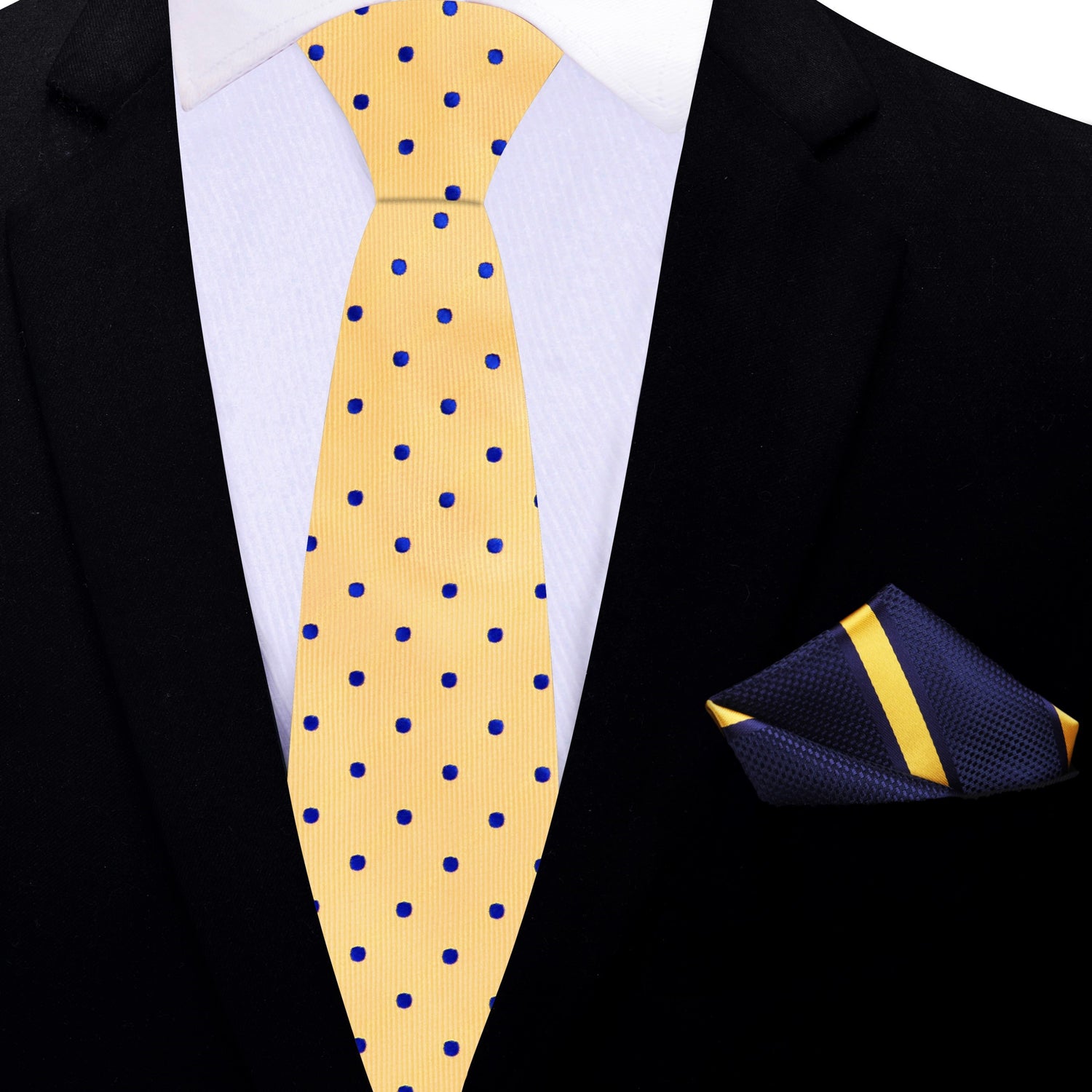 Thin Tie: Alt View: Yellow with Blue Dots Necktie and Blue, Yellow Stripe Square