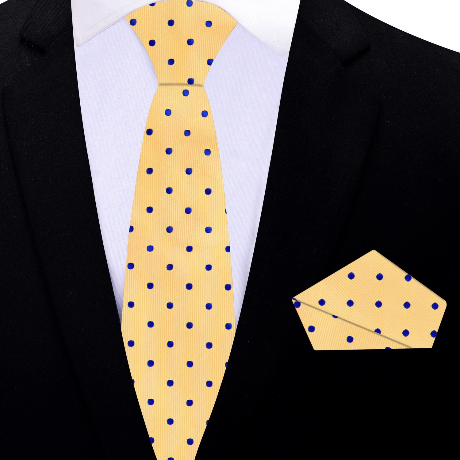 Thin Tie: Alt View: Yellow with Blue Dots Necktie and Matching Square