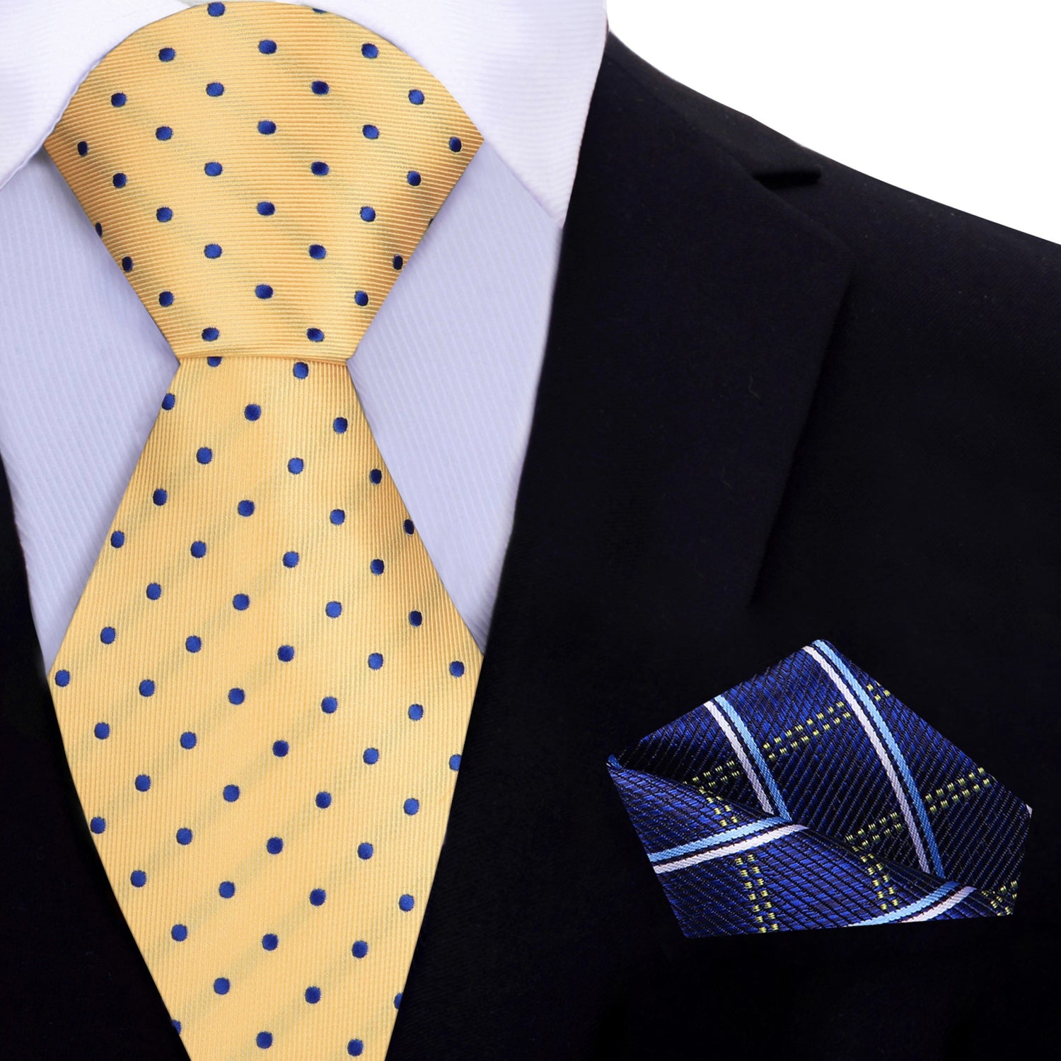 Yellow with Blue Dots Necktie and Blue, White, Yellow Plaid Square