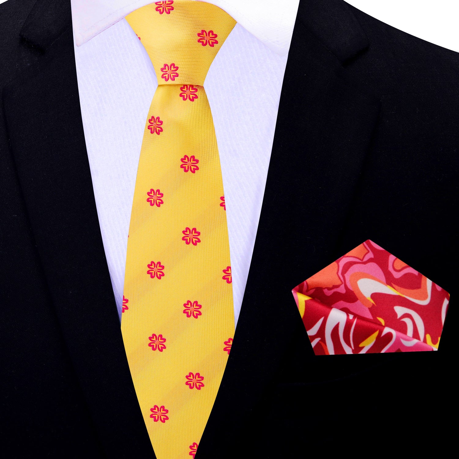 Thin Tie: Yellow, Red Clovers Tie and Accenting Square