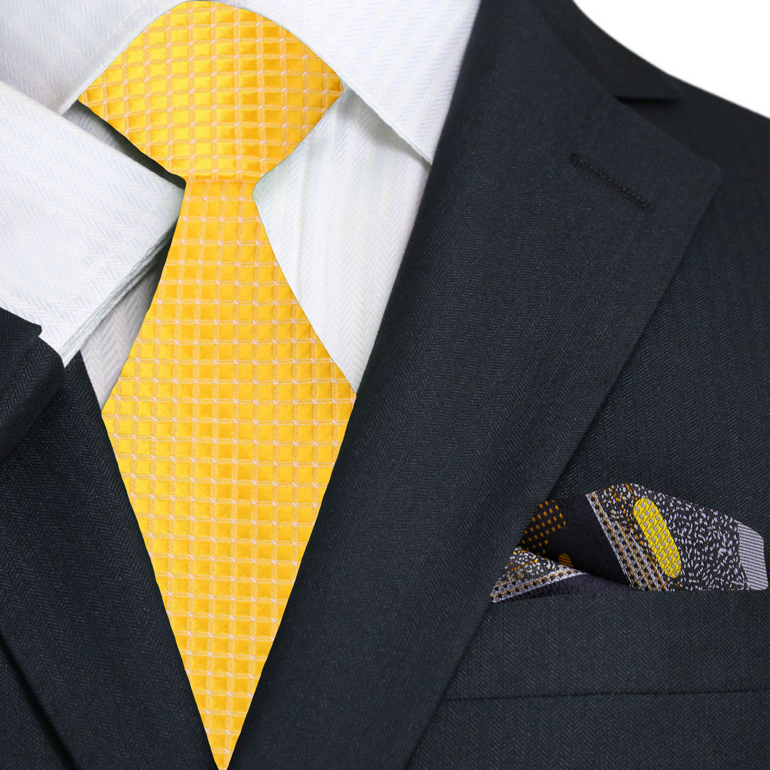 Black suit with a yellow tie and patterned pocket square
