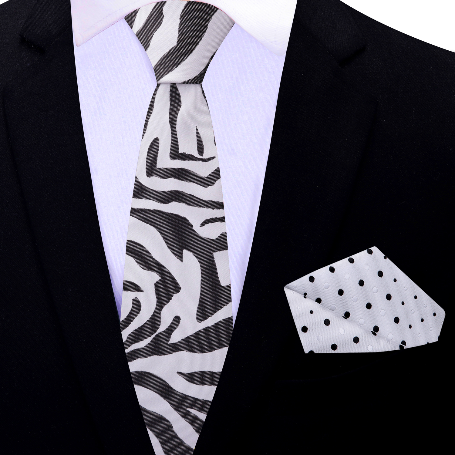 Thin Tie: Light Grey, Black Zebra Pattern Silk Necktie and White with Black and White Dots Square