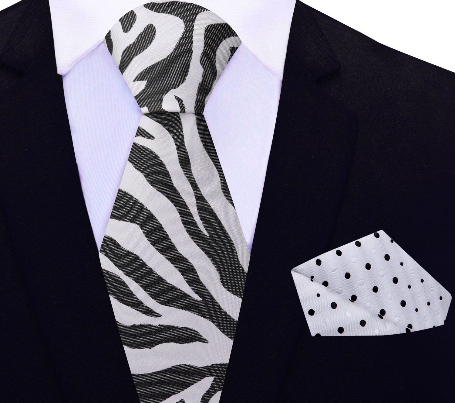View 2: Light Grey, Black Zebra Pattern Silk Necktie and White with Black and White Dots Square