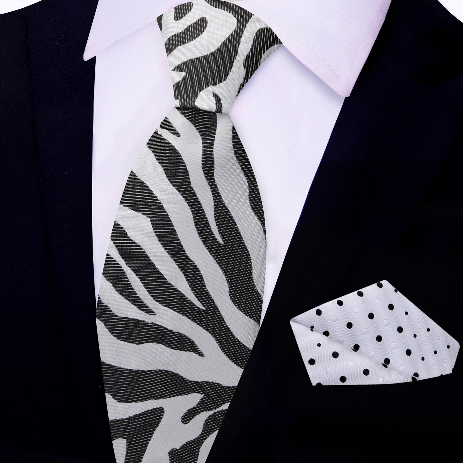 Light Grey, Black Zebra Pattern Silk Necktie and White with Black and White Dots Square