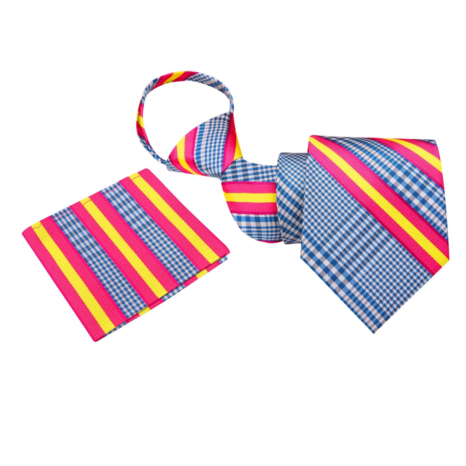 Zip: Blue Plaid With Yellow Pink Stripe Necktie and Square