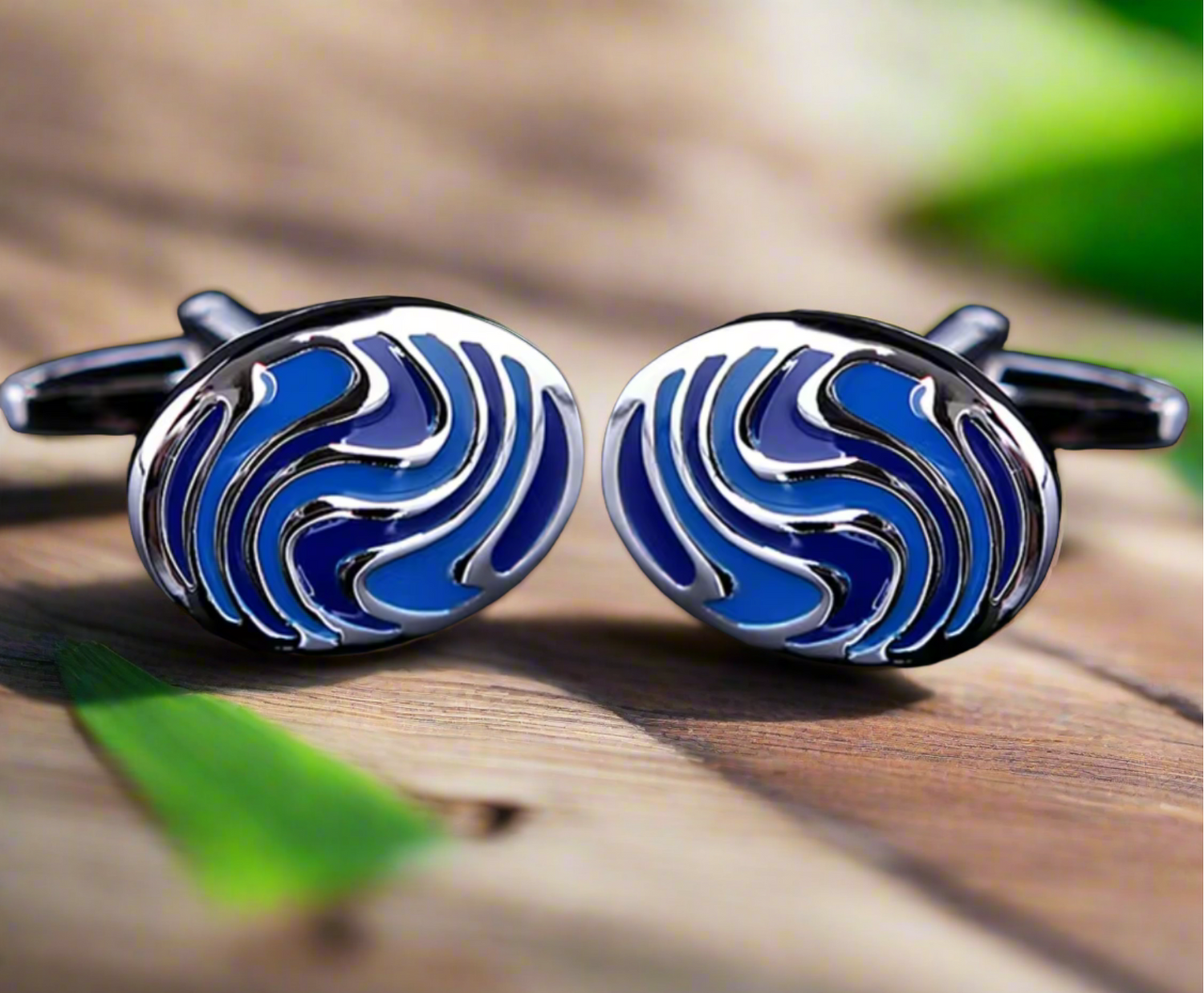 chrome and blue cufflinks