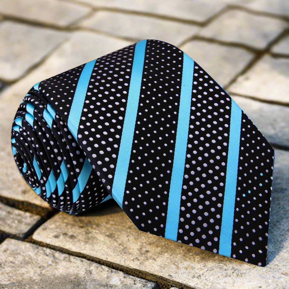 A black and light blue tie