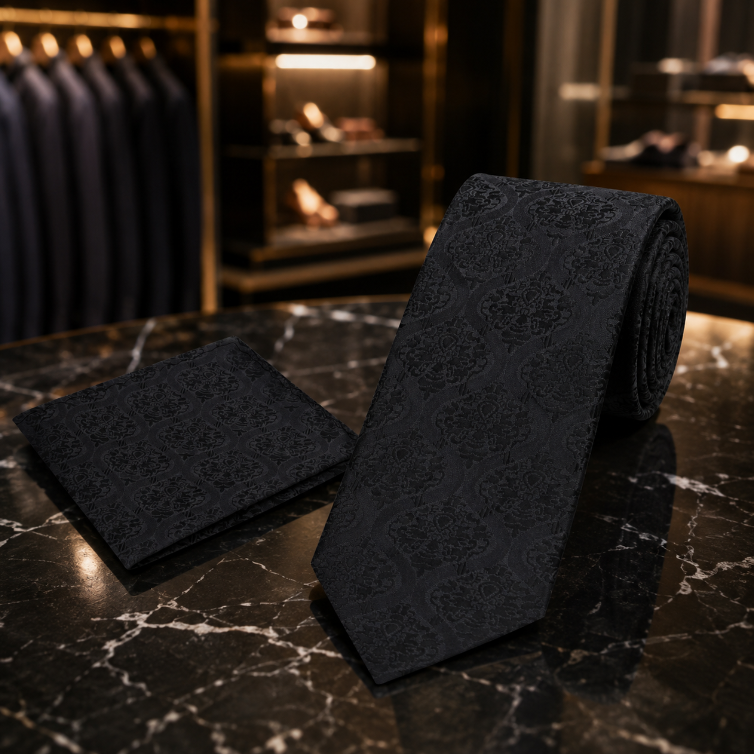 Black, black abstract tie and pocket square 2