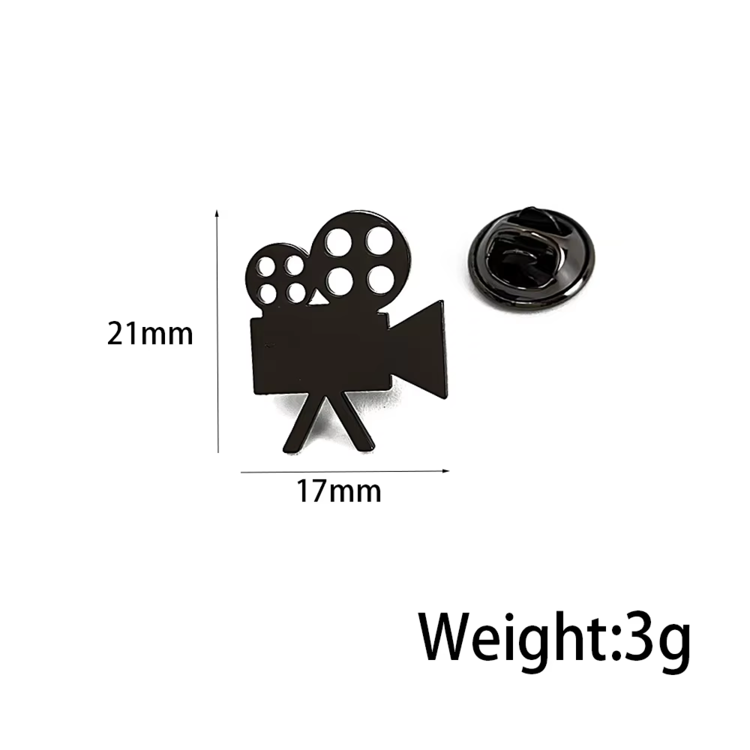 Black film camera shaped button pin with dimension markings of 21mm height and 17mm width, plus a separate round back clip and text indicating weight 3g on a white background.