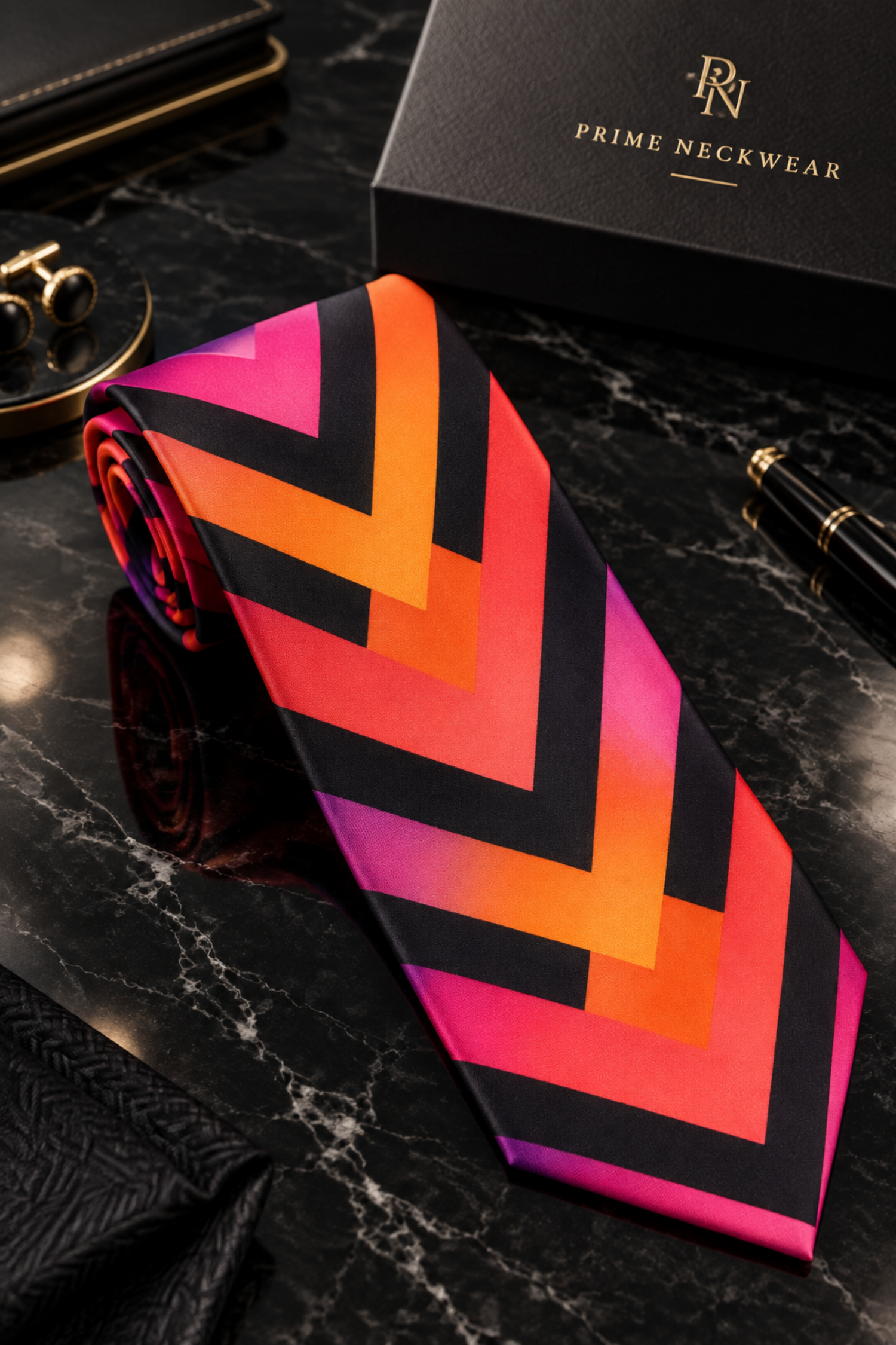 A rolled necktie featuring a bold geometric chevron pattern in vibrant shades of orange, pink, purple, and black 