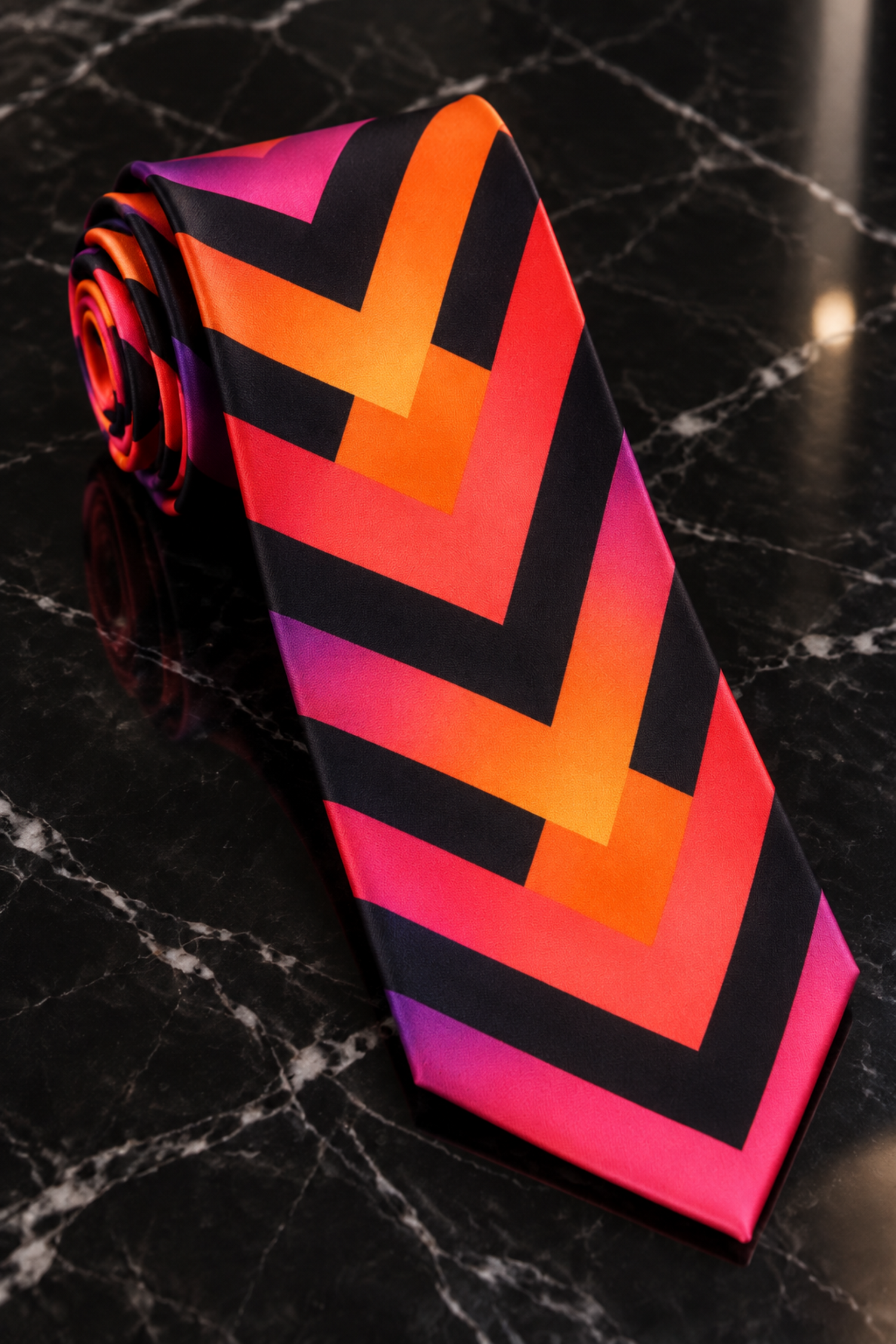 A rolled necktie with a bold chevron pattern in black, orange, pink, and purple, displayed diagonally on a black marble surface.