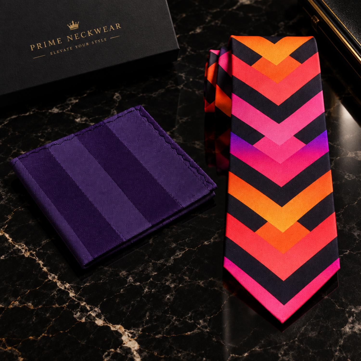 A men's necktie and pocket square set on a white background. The necktie features a vibrant chevron pattern with stripes of orange, pink, purple, and black, while the matching pocket square is a solid deep purple.